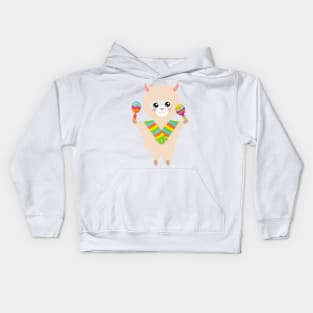 Mexican Llama, Cute Llama, Alpaca, Scarf, Maracas Kids Hoodie